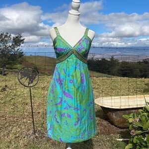 Vtg ANNA SUI Silk Turquoise Purple Gold Studded Party Dress 2